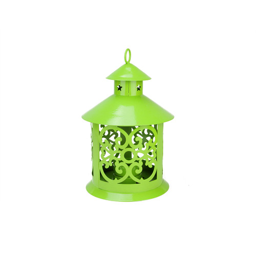 8" Shiny Lime Green Votive or Tealight Candle Holder Lantern with Star and Scroll Cutouts - IMAGE 1
