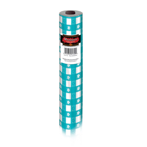 100' Teal Blue and White Floral Gingham Disposable Banquet Party Table Roll - IMAGE 1