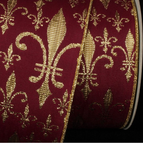 Red and Gold Fleur De Lis Wired Edged Craft Ribbon 6" x 20 Yards - IMAGE 1