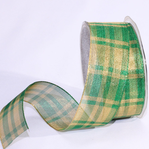 Green and Gold Metallic Tartan Wired Craft Ribbon 1.5" x 50 Yards - IMAGE 1