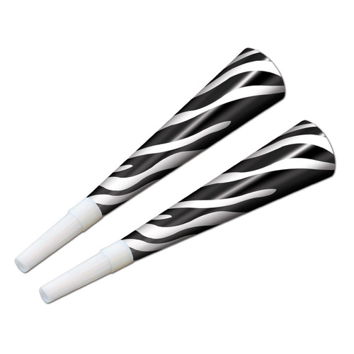 Club Pack of 100 Black and White Zebra Print New Years Eve Trumpet Horn Party Favors 9" - IMAGE 1