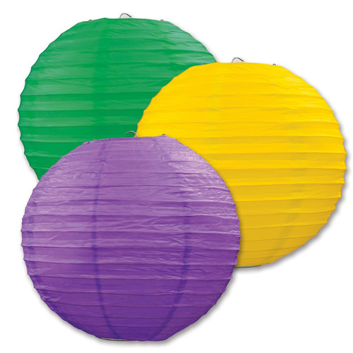 Club Pack of 18 Round Green, Yellow and Purple Hanging Paper Lanterns 9.5" - IMAGE 1