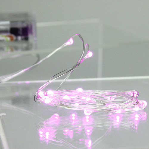 20 Battery Operated Pink LED Micro Rice Christmas Lights - 6.5 ft Silver Wire - IMAGE 1