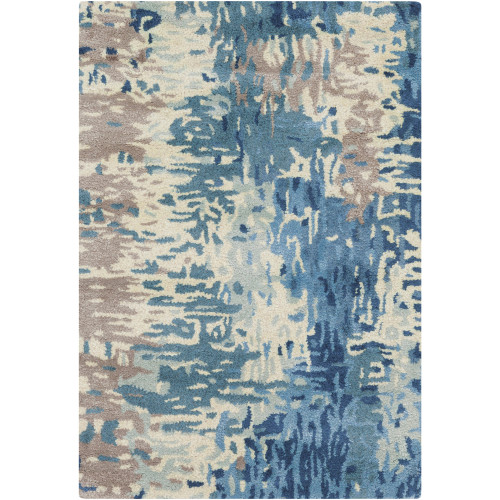 2' x 3' Denim Blue and Cream White Abstract Transcendental Hand Tufted Wool Area Throw Rug - IMAGE 1