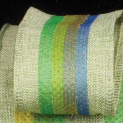 Beige, Green and Blue Striped Wired Craft Ribbon 1.5" x 40 Yards - IMAGE 1