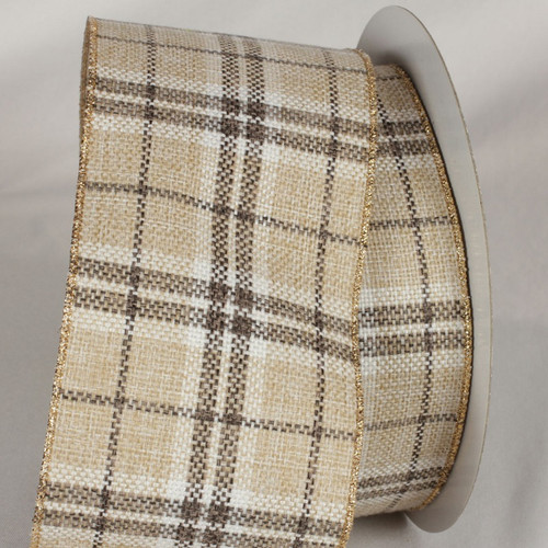Beige and Brown Plaid Wired Craft Ribbon 4" x 20 Yards - IMAGE 1