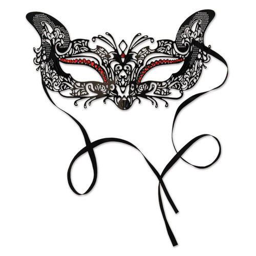 Pack of 6 Elegant Black and Red Cat Eye Metal Filigree Mardi Gras Masquerade Masks - One Size - IMAGE 1
