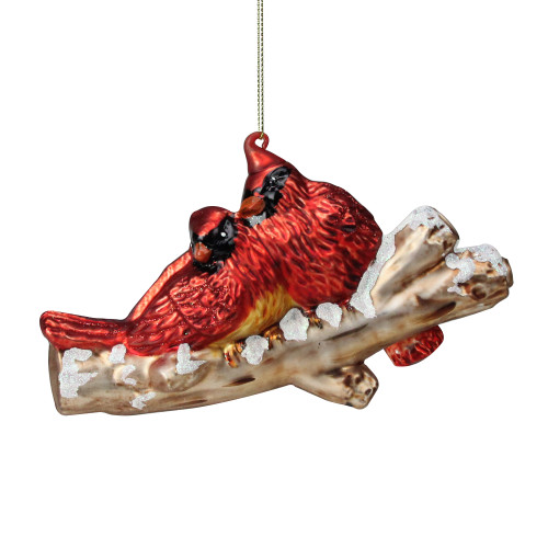 4" Red and Gold Cardinal Birds on a Snowy Branch Glass Christmas Ornament - IMAGE 1