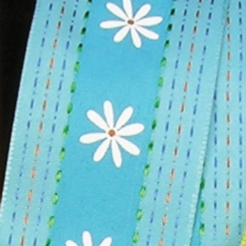 Blue and White Flower Centered Wired Craft Ribbon 1.5" x 54 Yards - IMAGE 1