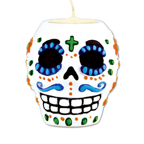 Male Day of The Dead Sugar Skull Tea Light Candle Holder - 6 oz. - Pack of 6 - IMAGE 1