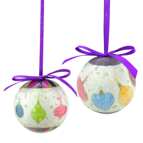 8pc Purple and White Decoupage Shatterproof Christmas Ball Ornaments 2.25" (57mm) - IMAGE 1