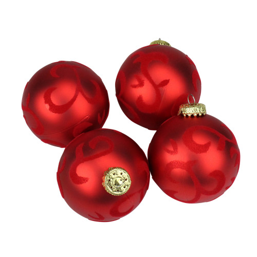 4ct Red Flocked Flourish Shatterproof Matte Christmas Ball Ornaments 2.75" (70mm) - IMAGE 1