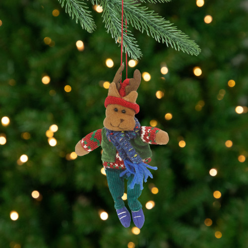 7" Bohemian Holiday Plush Moose Boy with Dangling Legs Christmas Ornament - IMAGE 1