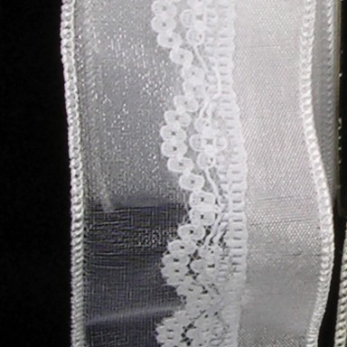 White Contemporary Satin Lace Wired Craft Ribbon 1.5" x 40 Yards - IMAGE 1