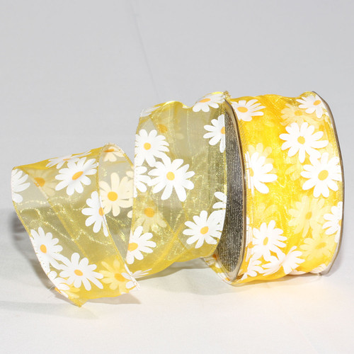 Yellow Organdy with Daisy Print Wired Craft Ribbon 2" x 54 Yards - IMAGE 1