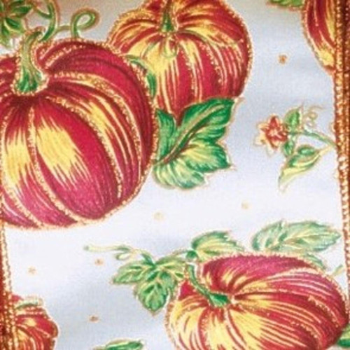 Ivory Satin with Orange Pumpkin Print Wired Craft Ribbon 4" x 20 Yards - IMAGE 1