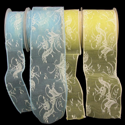 Light Blue Floral Lace Wired Craft Ribbon 2" x 40 Yards - IMAGE 1