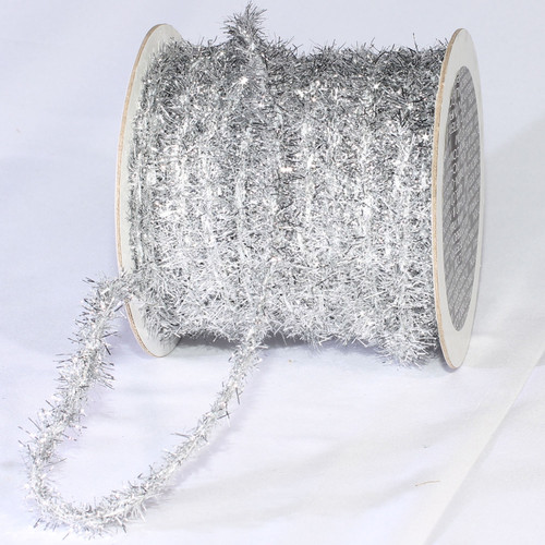 Silver Colored Thick and Fuzzy Glitter-cord Wired Craft Ribbon 0.374" x 55 Yards - IMAGE 1