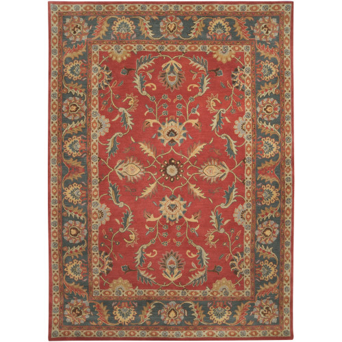 8' x 11' Brick Red and Slate Blue Damask Hand Tufted Rectangular Area Throw Rug - IMAGE 1