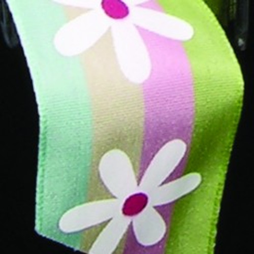 Green and Pink Floral Woven Striped Wired Craft Ribbon 1.5" x 27 Yards - IMAGE 1