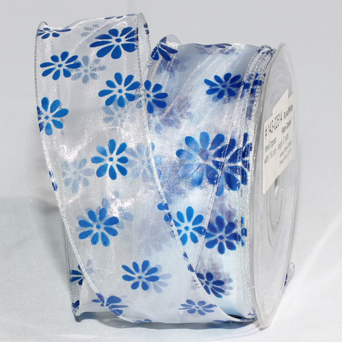 White and Royal Blue Retro Daisies Organza Wired Craft Ribbon 1.5" x 27 Yards - IMAGE 1