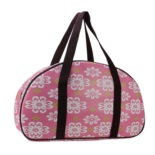 20" Decorative Pink and White Flower Design Travel Bag/Purse with Brown Handles - IMAGE 1