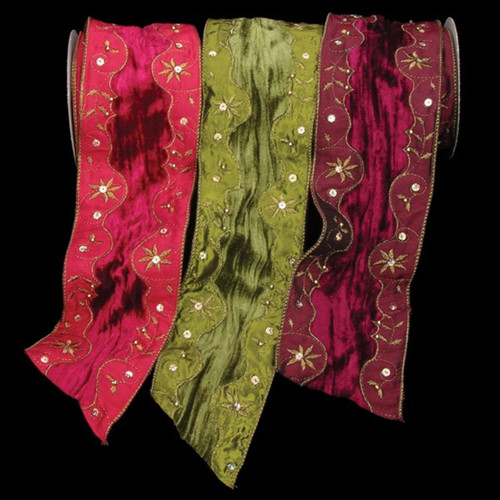 Green Velvet Darjeeling with Diamonds Wired Craft Ribbon 4" x 10 Yards - IMAGE 1