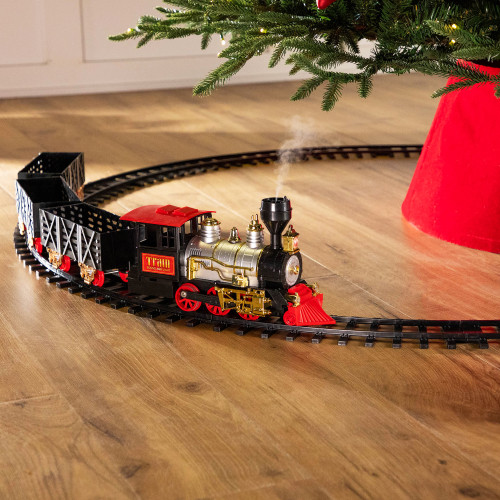 Animated Smoky Christmas Train Set with Sound and Light - Black and Red - 20 -Piece - IMAGE 1