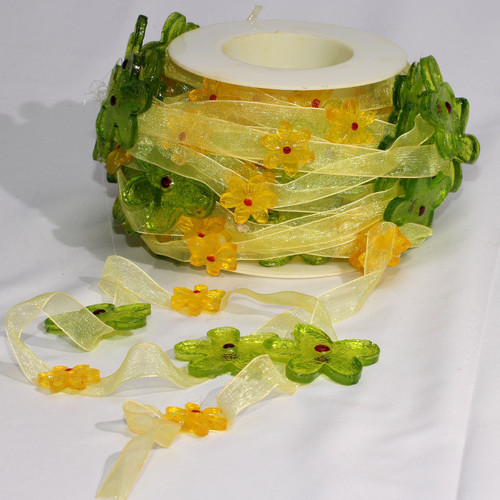 Green and Red Happy 70's Organdy Craft Ribbon with Flowers 0.5" x 22 Yards - IMAGE 1