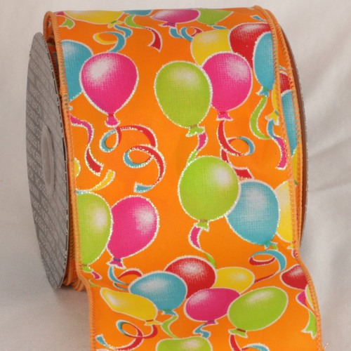 Bright Orange and Green Balloon Party Print Wired Craft Ribbon 4" x 20 Yards - IMAGE 1