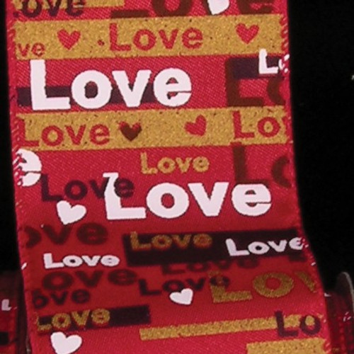 Red and White "Love" Printed Wired Craft Ribbon 2.5" x 20 Yards - IMAGE 1