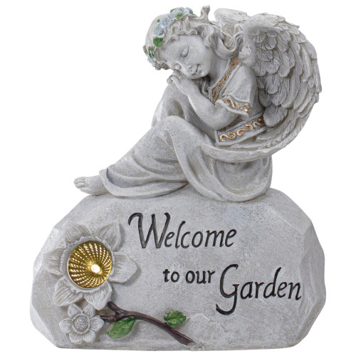 9.25" Gray Solar Powered "Welcome to Our Garden" Angel Outdoor Garden Statue - IMAGE 1