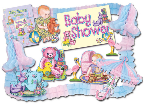 66-Piece Pink and Blue Baby Shower Party Decorating Accessory Kit - IMAGE 1