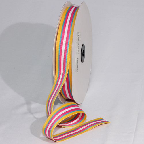 Yellow and Pink Striped Woven Grosgrain Craft Ribbon 1" x 55 Yards - IMAGE 1