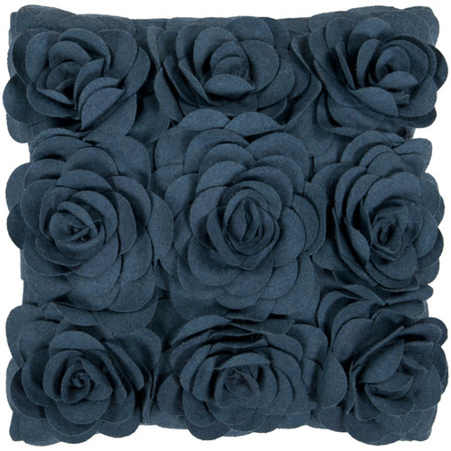 22" Marine Blue Applique Roses Square Throw Pillow - Down Filler - IMAGE 1