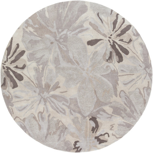 9.75' Gray and Brown Floral Designed Hand Tufted Round Wool Area Throw Rug - IMAGE 1