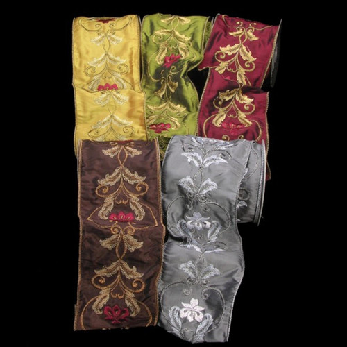 Gold Colored Satin Silk with Acanthus Print Wired Craft Ribbon 4" x 10 Yards - IMAGE 1