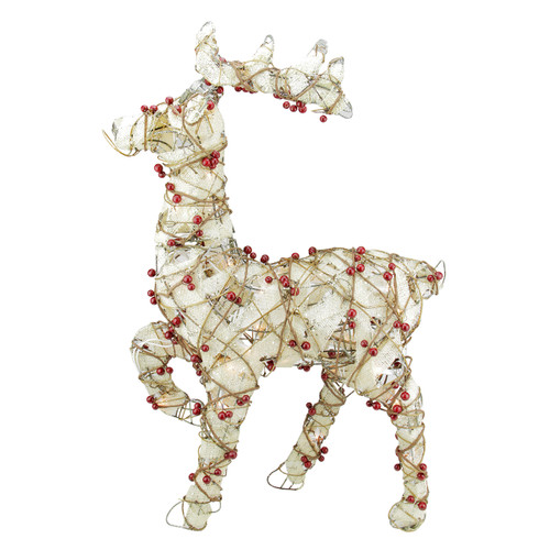 28" Red and Beige Standing Burlap with Berry Reindeer Outdoor Christmas Decor - IMAGE 1