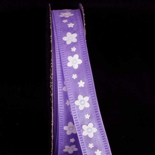 Purple and White Floral Wired Craft Ribbon 0.5" x 80 Yards - IMAGE 1
