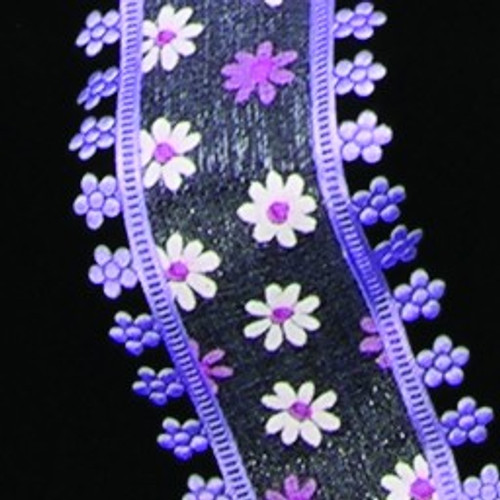 Purple and White Mini Daisy Wire Edged Craft Ribbon 1.5" x 40 Yards - IMAGE 1