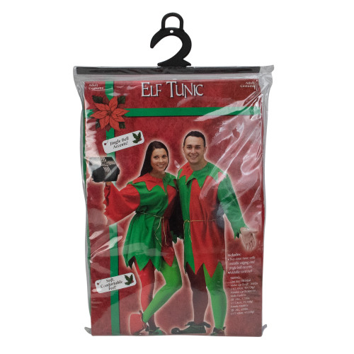 Red and Green Elf Tunic Adult Christmas Costume with Jingle Bells - One Size - IMAGE 1