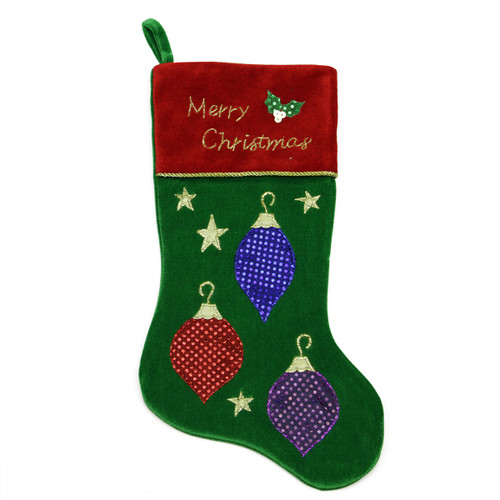 20" Green and Red Embroidered Ornament Christmas Stocking with Cuff - IMAGE 1