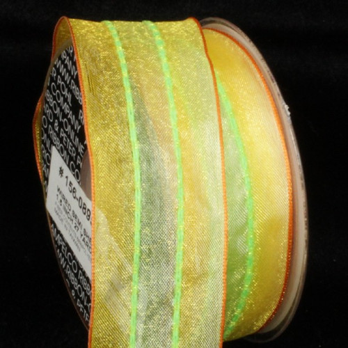 Yellow and Neon Green Striped Wired Craft Ribbon 1.5" x 54 Yards - IMAGE 1