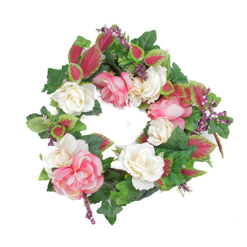 Rose and Berries Artificial Floral Wreath, White 22.5-Inch - IMAGE 1
