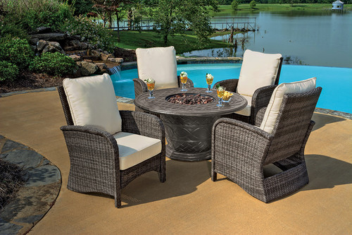 5pc Portico Wicker Patio Chair and Cast Aluminum Gas Fire Pit Outdoor Furniture Set - Beige Cushions - IMAGE 1