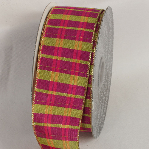 Fuchsia Pink and Gold Tartan Wired Craft Ribbon 2" x 40 Yards - IMAGE 1