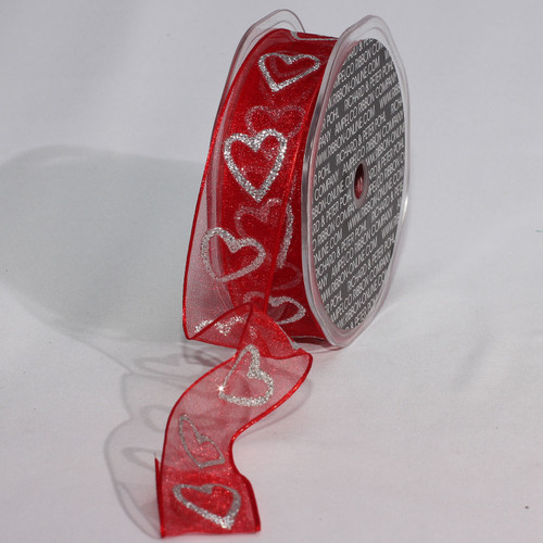 Red and Silver Glitter Hearts Wired Craft Ribbon 1" x 54 Yards - IMAGE 1