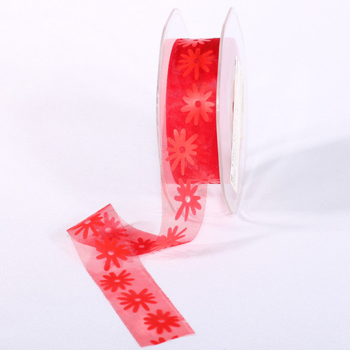 Red and Pink Sheer Organza Spring Flowers Craft Ribbon 1" x 50 Yards - IMAGE 1