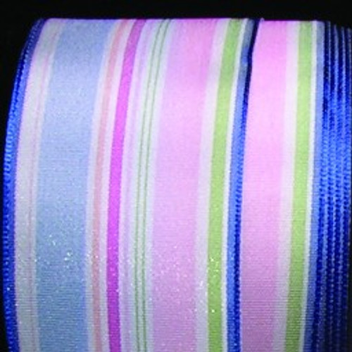Blue and Pink Striped Wire Edged Craft Ribbon 1.5" x 54 Yards - IMAGE 1