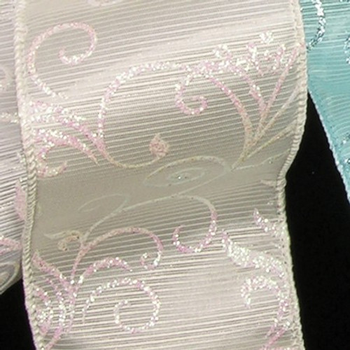 Ivory Glitter and Pink Printed Wired Craft Ribbon 2.5" x 40 Yards - IMAGE 1